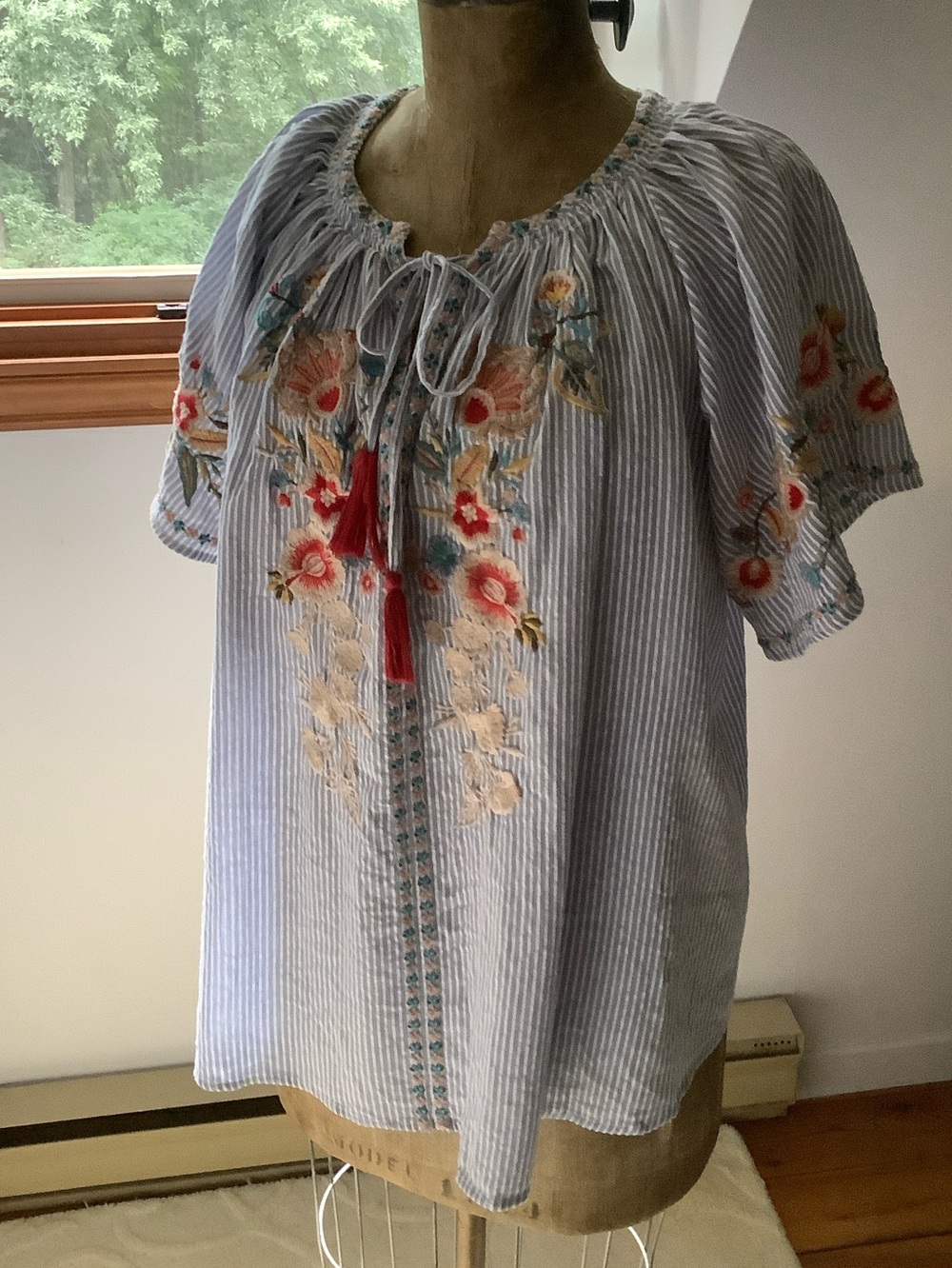Blue Striped Embroidered Peasant Blouse with Red Tassels